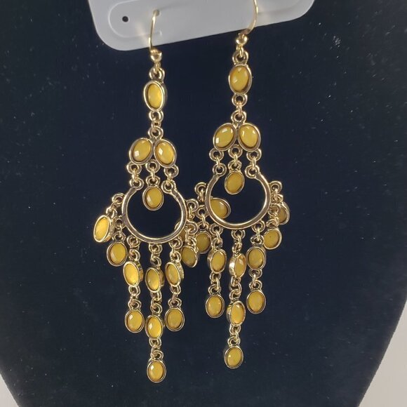 Stunning Chandelier Drop Dangle Earrings Gold-tone Finish Striking Yellow Stones - Picture 2 of 4